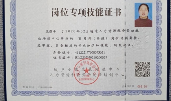 王阿姨职业证书3