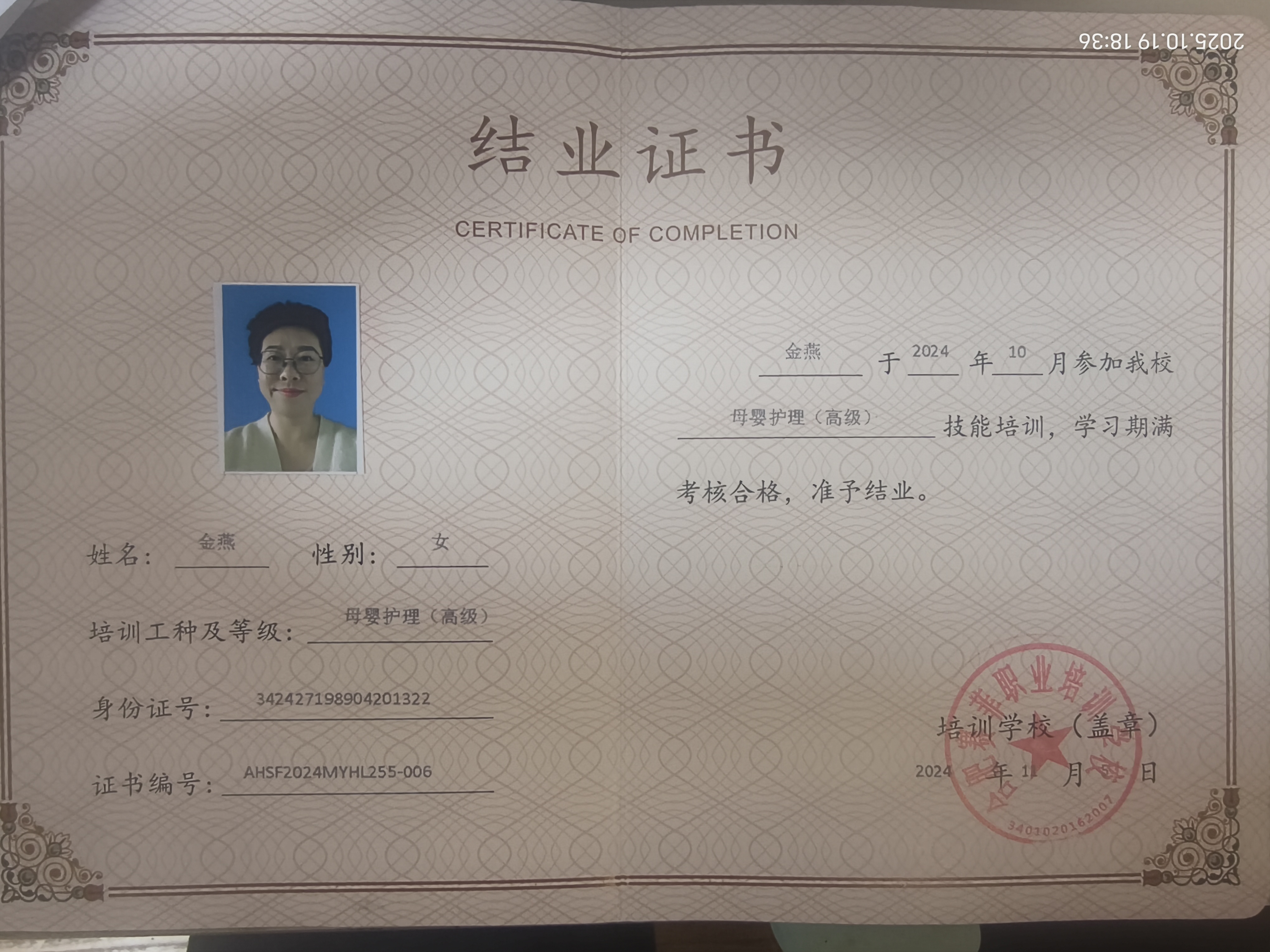金阿姨职业证书7